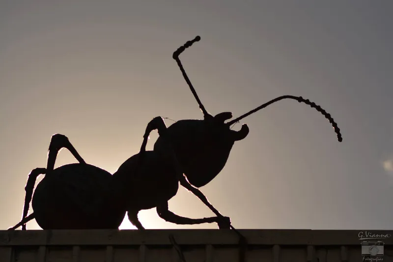 Silueta de una hormiga gigante de metal contra el cielo del atardecer