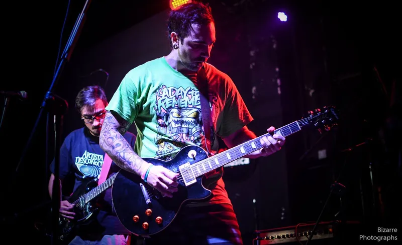 Guitarrista con remera verde tocando bajo luz roja y violeta en Entriopia Fest